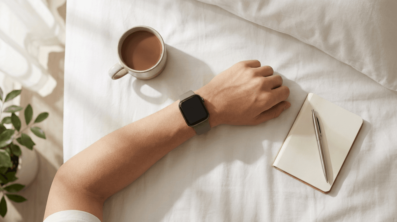 A phone glowing on a nightstand at dawn — sleep dashboard
